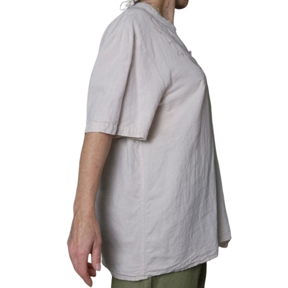 Linen blend Box shirt with embroidery Short sleeves cream color Size L UTCOCO - Picture 4 of 12